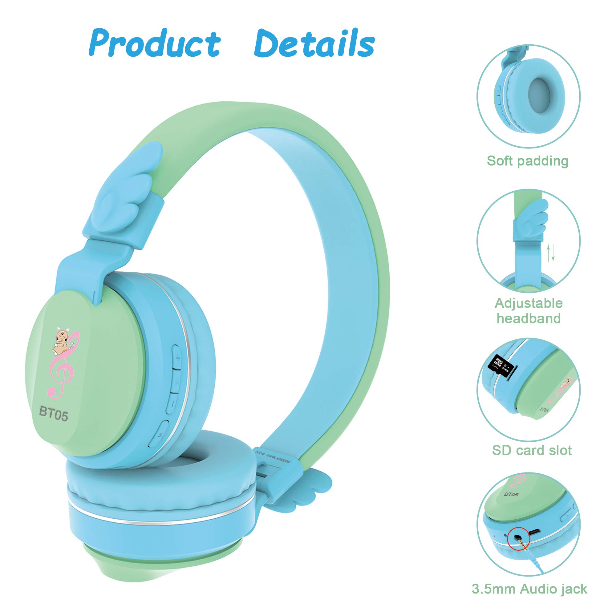 Riwbox BT05 Wireless Bluetooth Kids Headphones - Foldable Over-Ear Headset with Volume Limiter, Built-in Mic & TF Card Slot - Compatible with iPad, iPhone, Tablet (Green & Blue) - Perfect for Online Learning, Travel & Home Entertainment