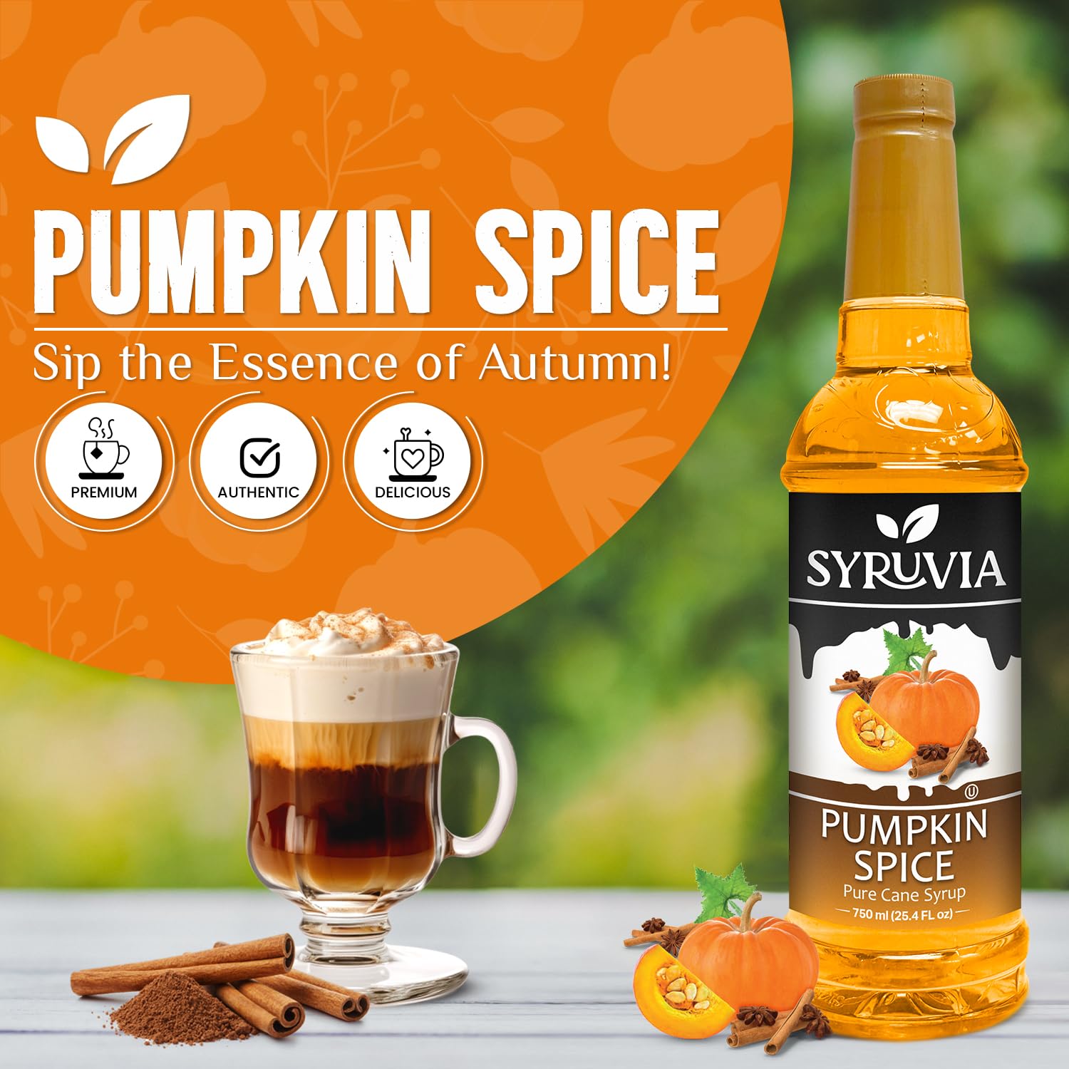 Syruvia Pumpkin Spice Syrup - 25.4 fl oz Kosher & Gluten Free Coffee Flavoring for Lattes, Baking, Cocktails & Desserts | Perfect for Fall Drinks, Pumpkin Spice Lattes & Holiday Recipes | Includes Free Syrup Pump