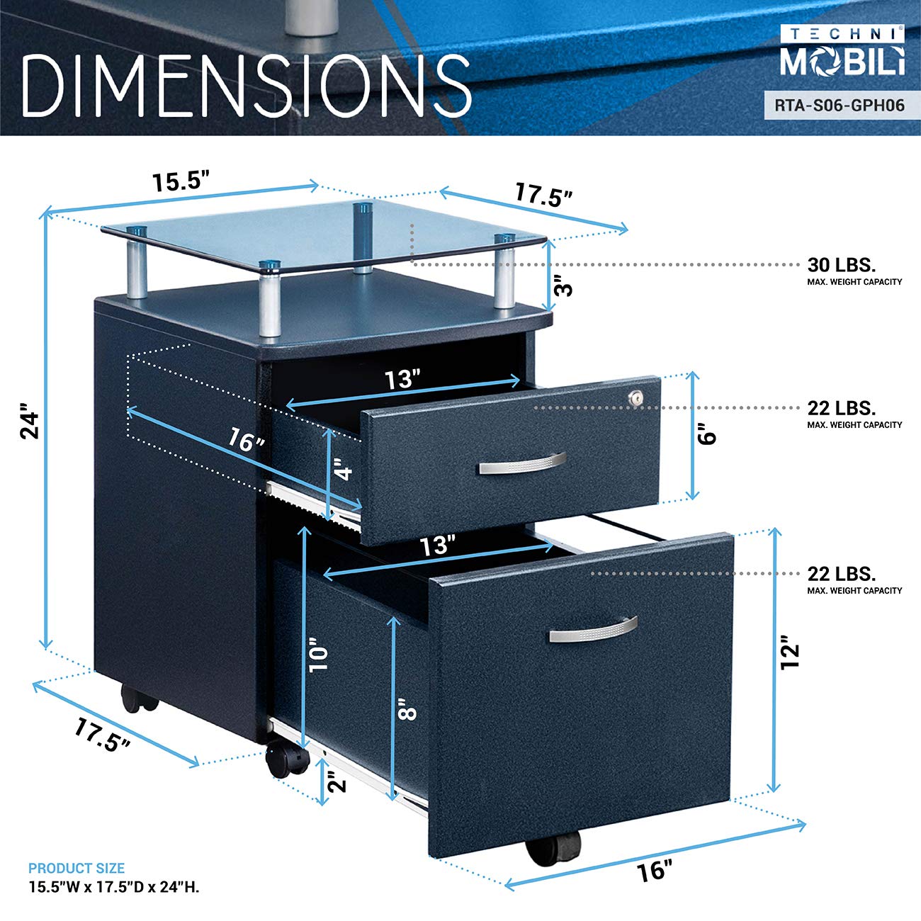 Techni Mobili Rolling File Cabinet with Glass Top - Graphite Office Storage Organizer for Documents, Files & Supplies | Perfect for Home Office, Business & Workspace Organization