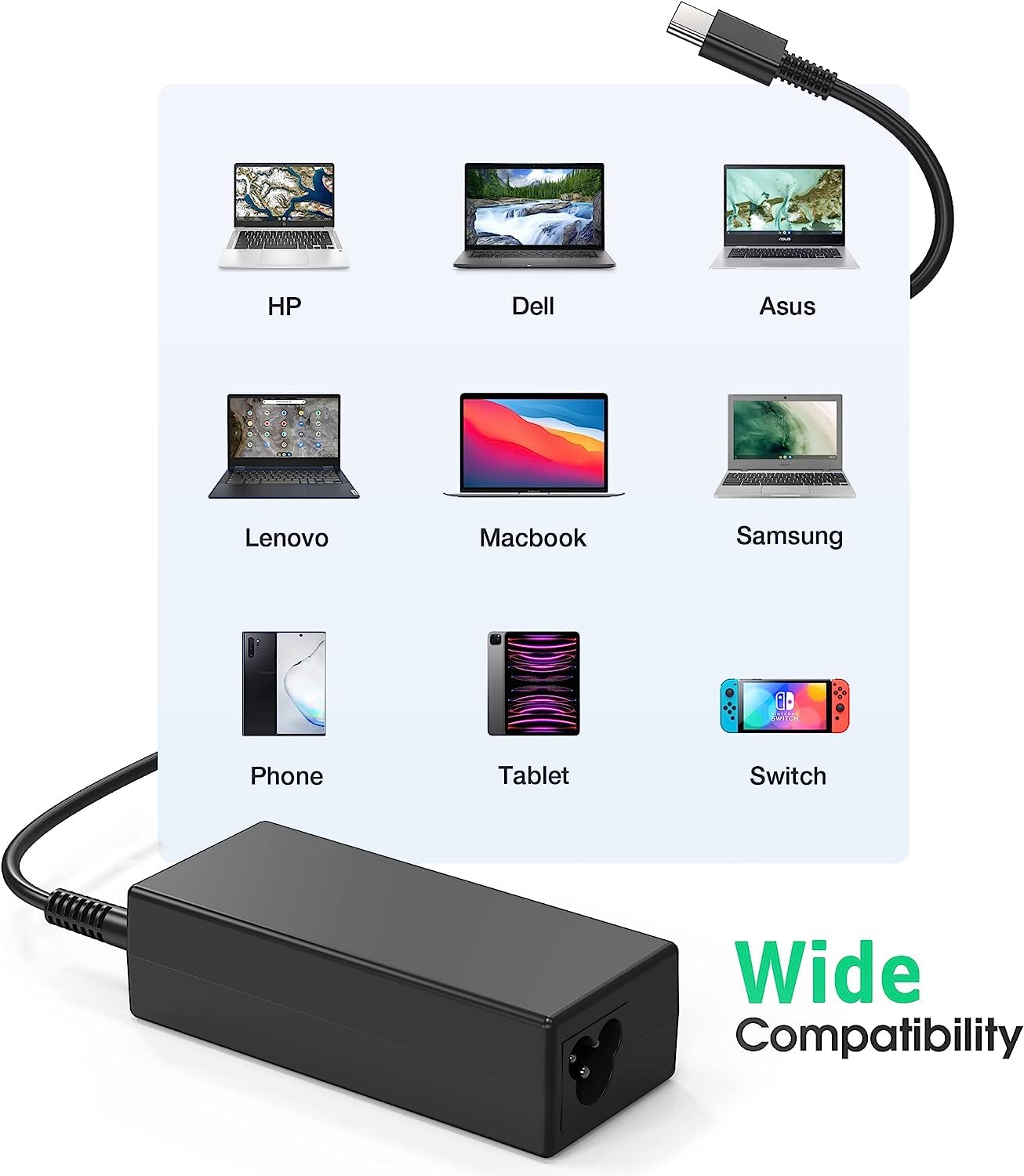 45W USB C Laptop Charger - Fast Charging Power Adapter Compatible with Chromebook, HP, Dell, Acer, Asus, Samsung | Perfect for Home, Office & Travel Use