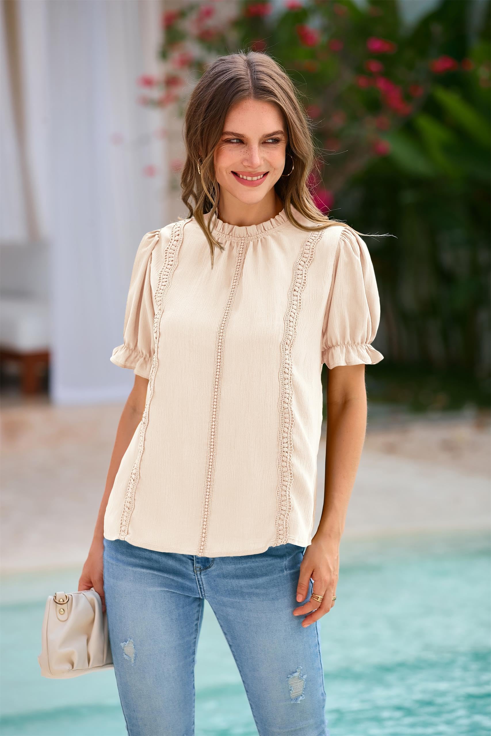 PRETTYGARDEN Women's Summer Tops 2025 - Trendy Mock Neck Puff Sleeve Blouse for Dressy Casual & Business Wear | Western Style Spring Shirts for Office, Dating & Weekend Outings