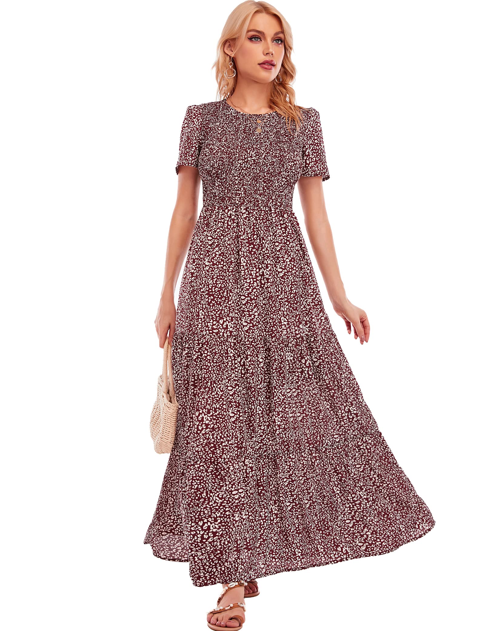 MANAIXUAN Women's Floral Print Summer Maxi Dress - Short Sleeve A-Line Tiered Sun Dress for Beach, Party & Vacation | Lightweight Casual Long Dress for Outdoor Events