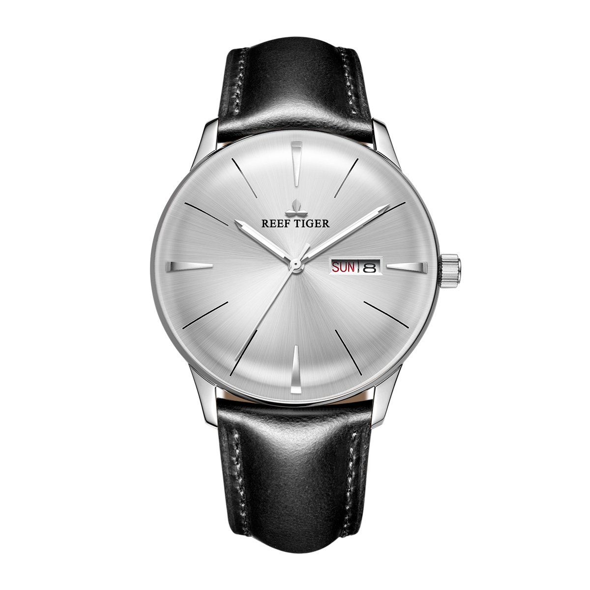 REEF TIGER Men's Automatic Dress Watch with Convex Lens Glass, Stainless Steel Case & Genuine Leather Band - RGA8238 - Perfect for Business, Formal Events & Everyday Elegance
