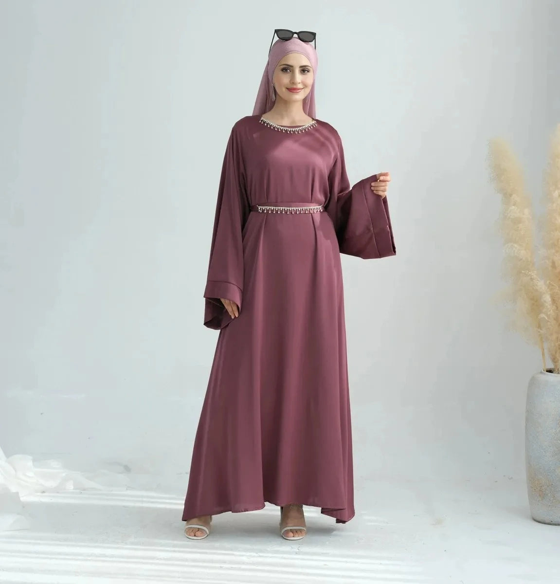 Elegant Crystal Belt Satin Abaya Dress with Matching Hijab & Necklace Set - Perfect for Eid, Weddings & Special Occasions