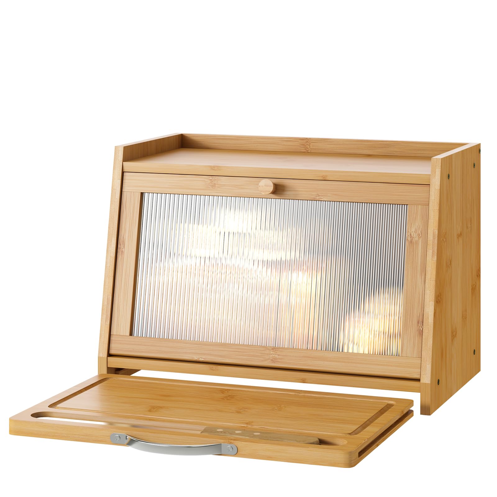 Bamboo Bread Box with Cutting Board & Wavy Acrylic Transparent Door - Natural Wood Bread Storage Container for Kitchen Counter | Perfect for Storing Bread, Pastries & Baked Goods to Keep Fresh Longer