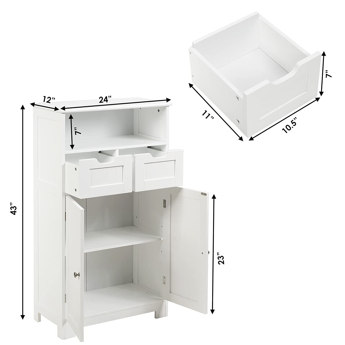 Tangkula White Bathroom Floor Cabinet with Open Shelf, 2 Doors & 2 Adjustable Drawers - Storage Organizer for Bathroom, Kitchen, Living Room & Home Office - Perfect for Towels, Toiletries & Home Decor Organization