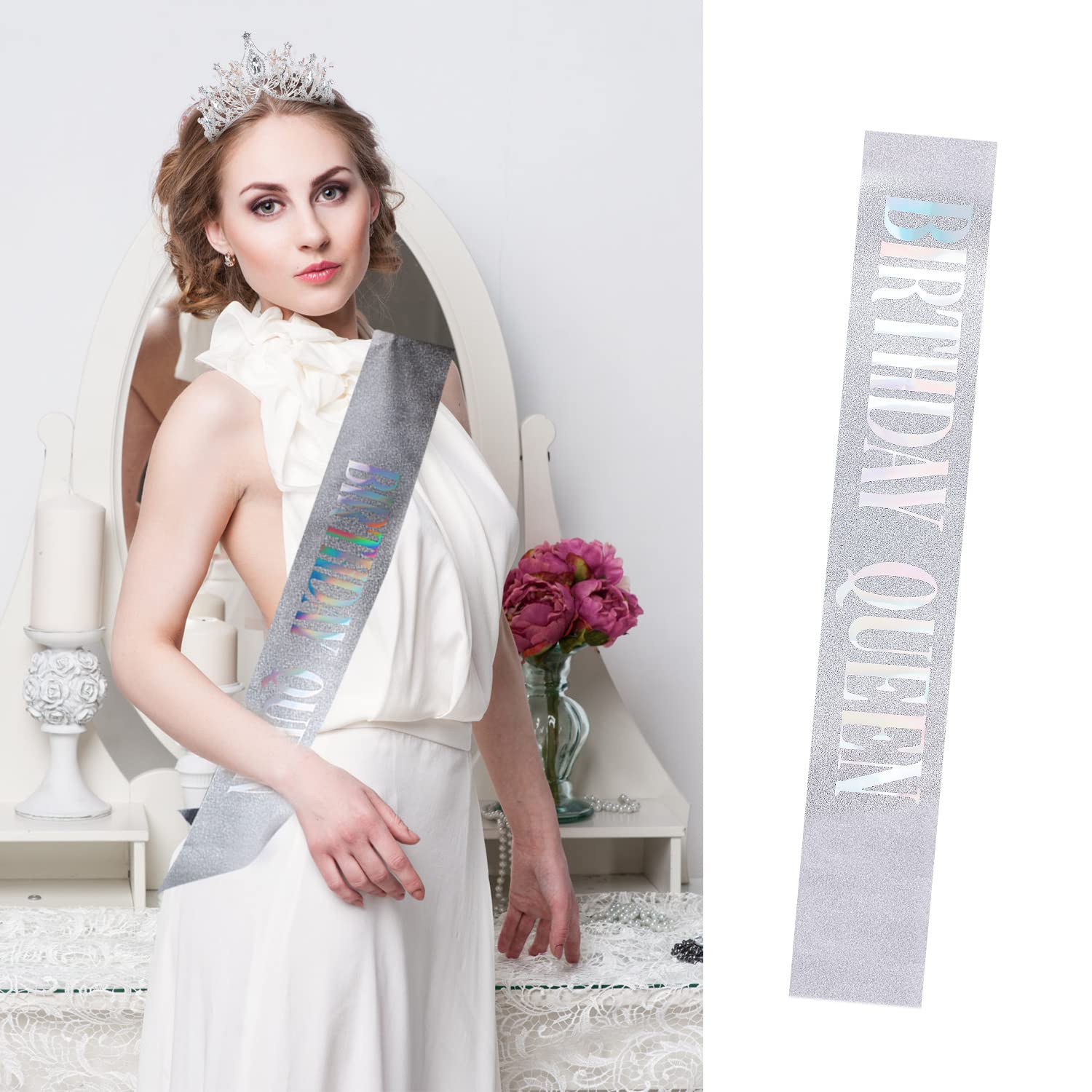 Elegant Silver Birthday Crowns & Tiaras for Women - Queen Birthday Sash Set - Perfect for Birthday Parties, Bachelorette Celebrations & Special Occasions