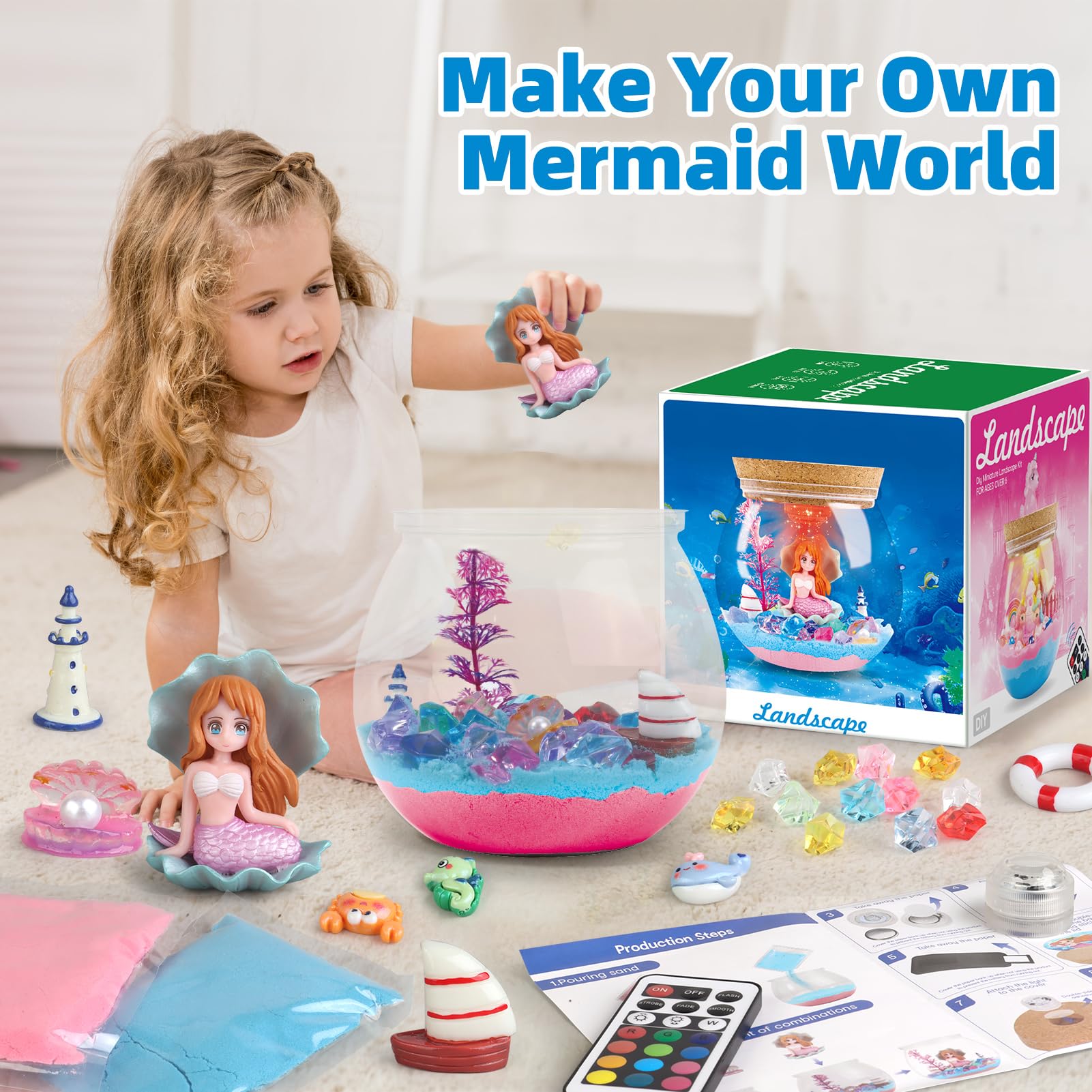 Mermaid DIY Terrarium Kit with LED Lights - Creative Craft Toys for Girls & Boys Ages 6-12 | Fun STEM Educational Gift for Kids | Perfect for Birthday Parties, Classroom Activities & Home Decor