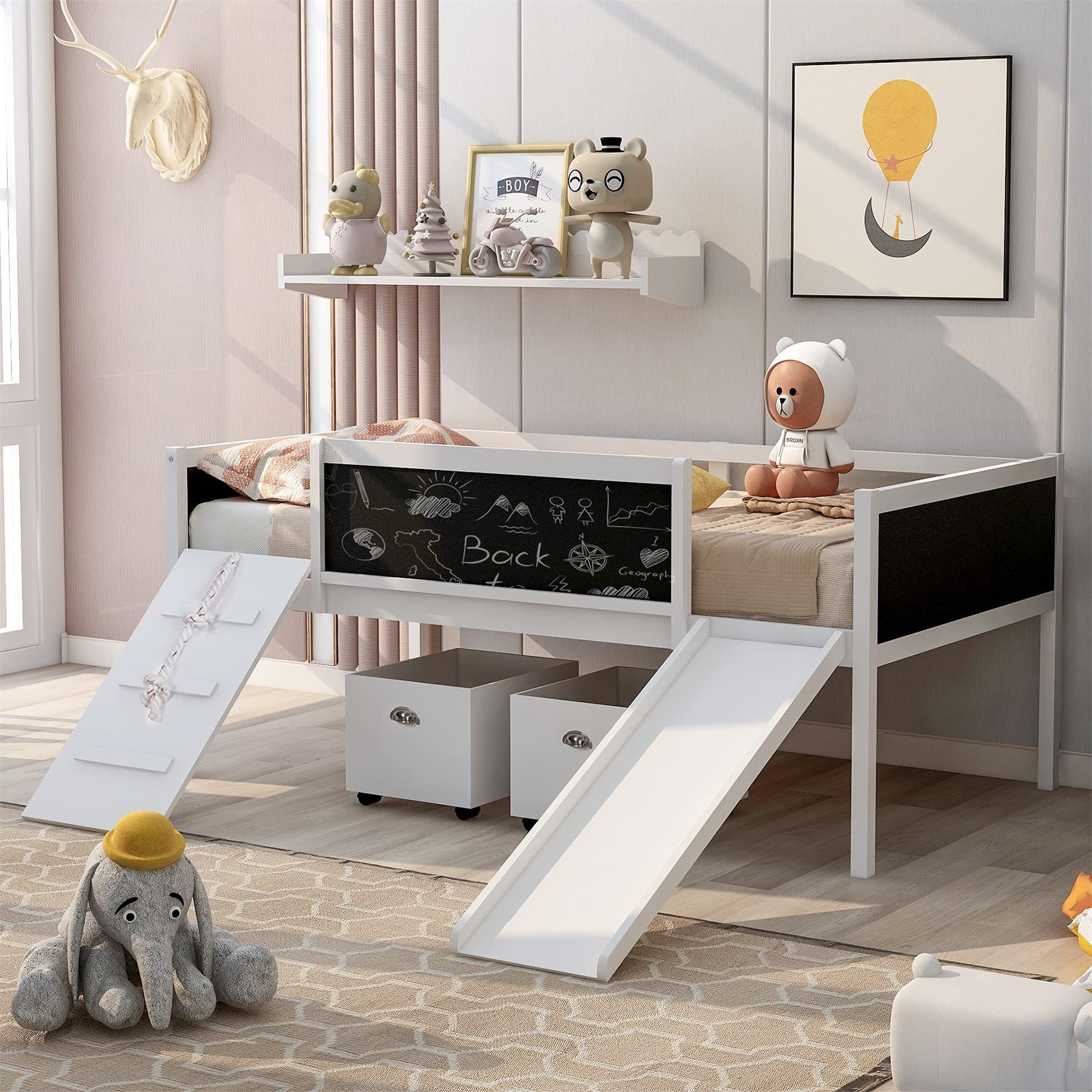 Harper & Bright Designs Twin Size Wooden Kids Loft Bed with Slide - Low Loft Bed Frame with 2 Storage Drawers for Boys & Girls, White - Perfect for Small Bedrooms & Playrooms