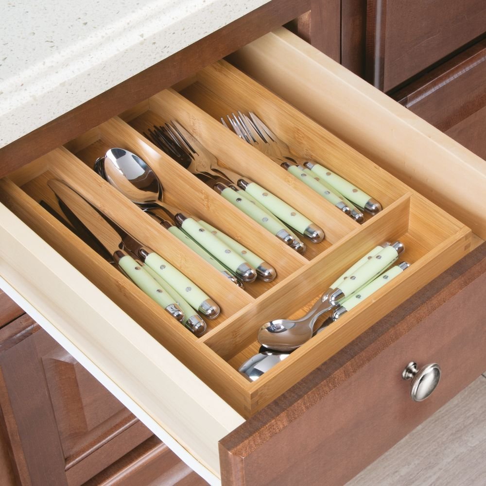 iDesign InterDesign Bamboo Cutlery Tray & Drawer Organizer with Divided Compartments - Kitchen Utensil Holder, Bathroom Storage, Desk Organizer for Office & Bedroom - Natural Bamboo (Perfect for Silverware, Makeup, Stationery & Jewelry Organization)