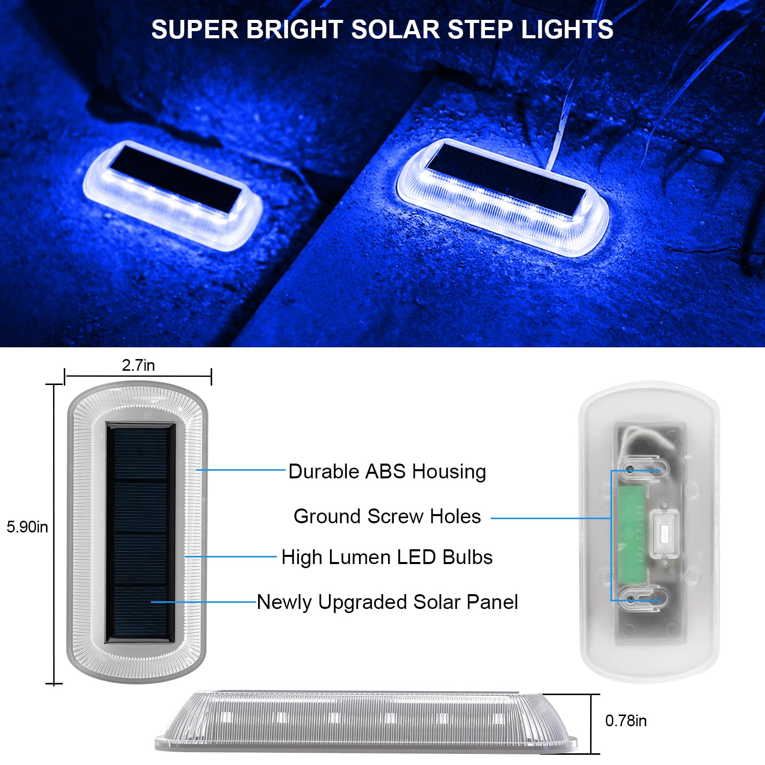 T-SUN 4 Pack Solar Step Lights - Waterproof Outdoor LED Stair Lights for Deck, Fence, Driveway, Yard, Balcony, Pathway & Front Porch | Solar-Powered Blue Lighting for Nighttime Safety & Decoration