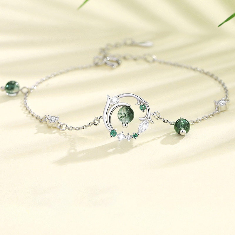 Forest Moss Agate Emerald Wedding Jewelry Set - Solitaire Green Crystal White Gold Dainty Pendant Necklace, Nature-Inspired Stud Earrings & Bracelet - Perfect for Bridal, Anniversary & Boho Chic Outfits