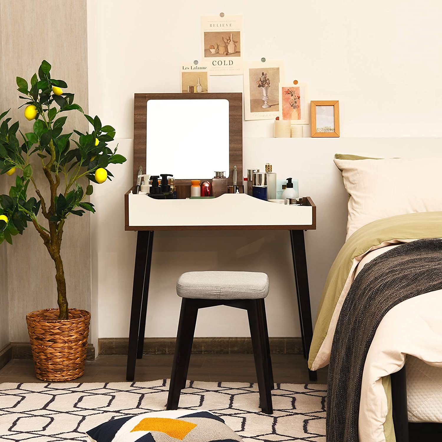 Nightcore Vanity Set with Flip Top Mirror & Cushioned Stool - Dressing Table with Removable Organizer for Makeup, Bedroom & Dressing Room - Perfect for Beauty Routine, Cosmetics Storage & Home Decor