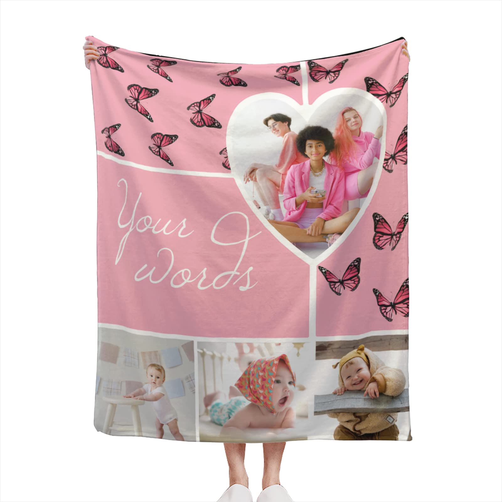 Custom Photo Collage Throw Blanket for Girls - Personalized Pink Butterfly Blanket with Your Words & Pictures - Soft Fleece Gift for Birthdays, Baby Showers & Cozy Home Decor