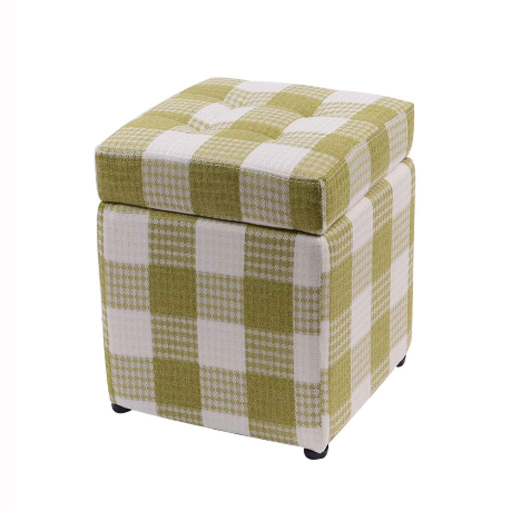 NMDCDH Square Storage Ottoman with Lid - 34x34x40cm Plaid Linen Fabric Toy Box & Stool for Bedroom | Green | Space-Saving Organizer for Toys, Blankets & Home Decor