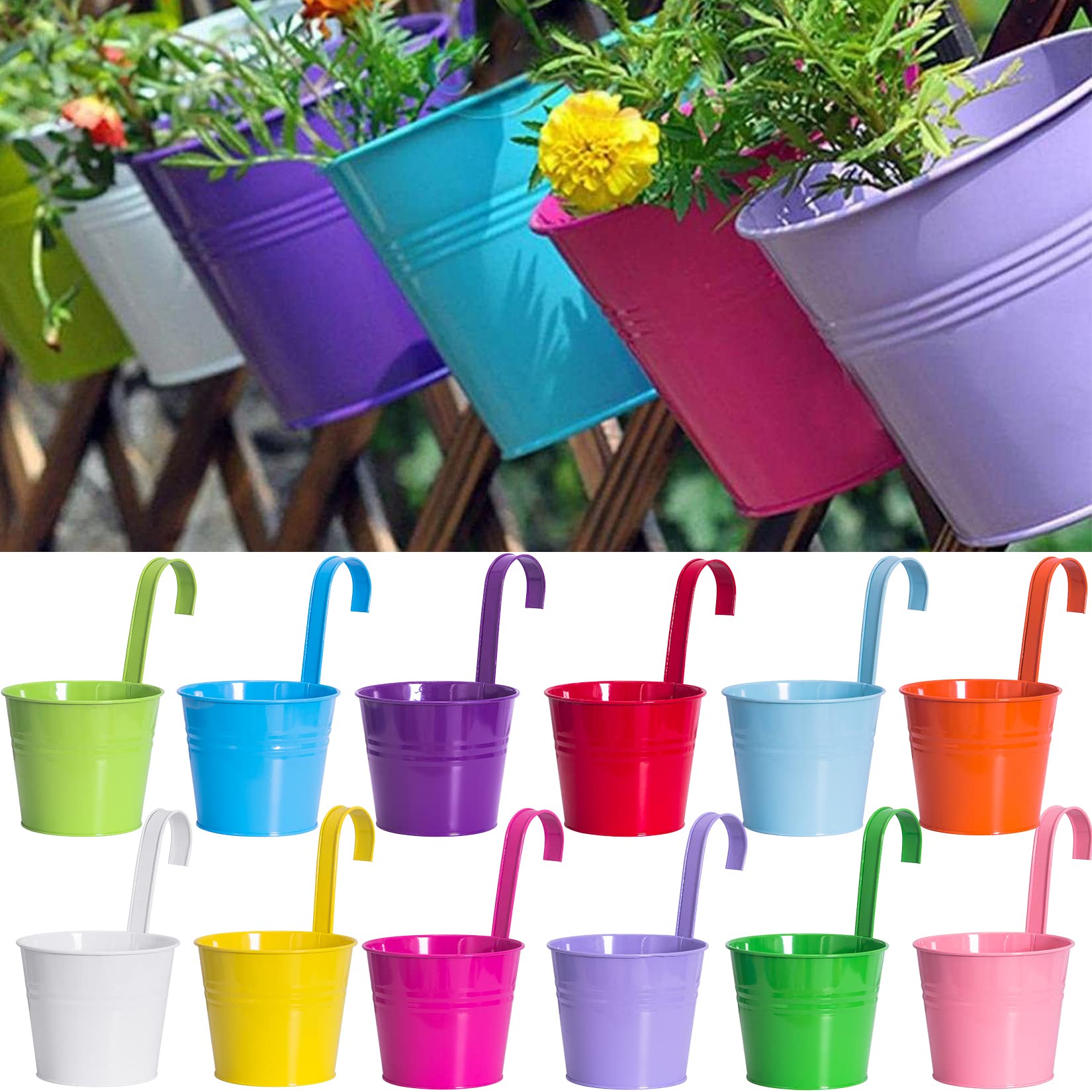 LOVOUS 12pcs 6-inch Hanging Planters - Metal Flower Pots for Balcony Railing, Garden Fence & Indoor Decor | Durable Iron Herb Planters with Hanging Buckets | Perfect for Home, Patio, and Outdoor Gardening