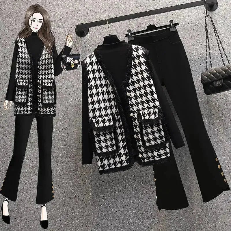 Stylish Women's Tweed Plaid 3-Piece Outfit Set - Blazer, Top & Skirt for Work, Office & Formal Occasions