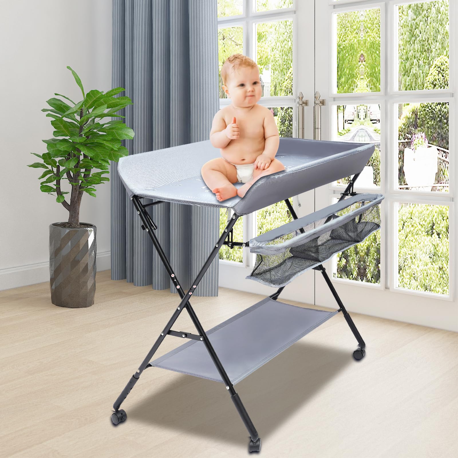 ROMYIX Foldable Baby Changing Table with Storage Bags - Portable Diaper Changing Station for Newborns & Infants - Mobile Nursery Organizer with Wheels - Perfect for Home, Nursery & Travel Use