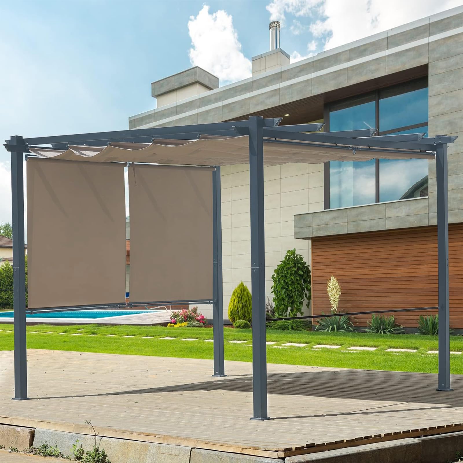 10x10ft Outdoor Pergola with Retractable Canopy - Matte Aluminum Frame & 4 Roller Shades - Grape Trellis Design for Patio, Backyard, Garden - Perfect for Outdoor Entertaining & Relaxation