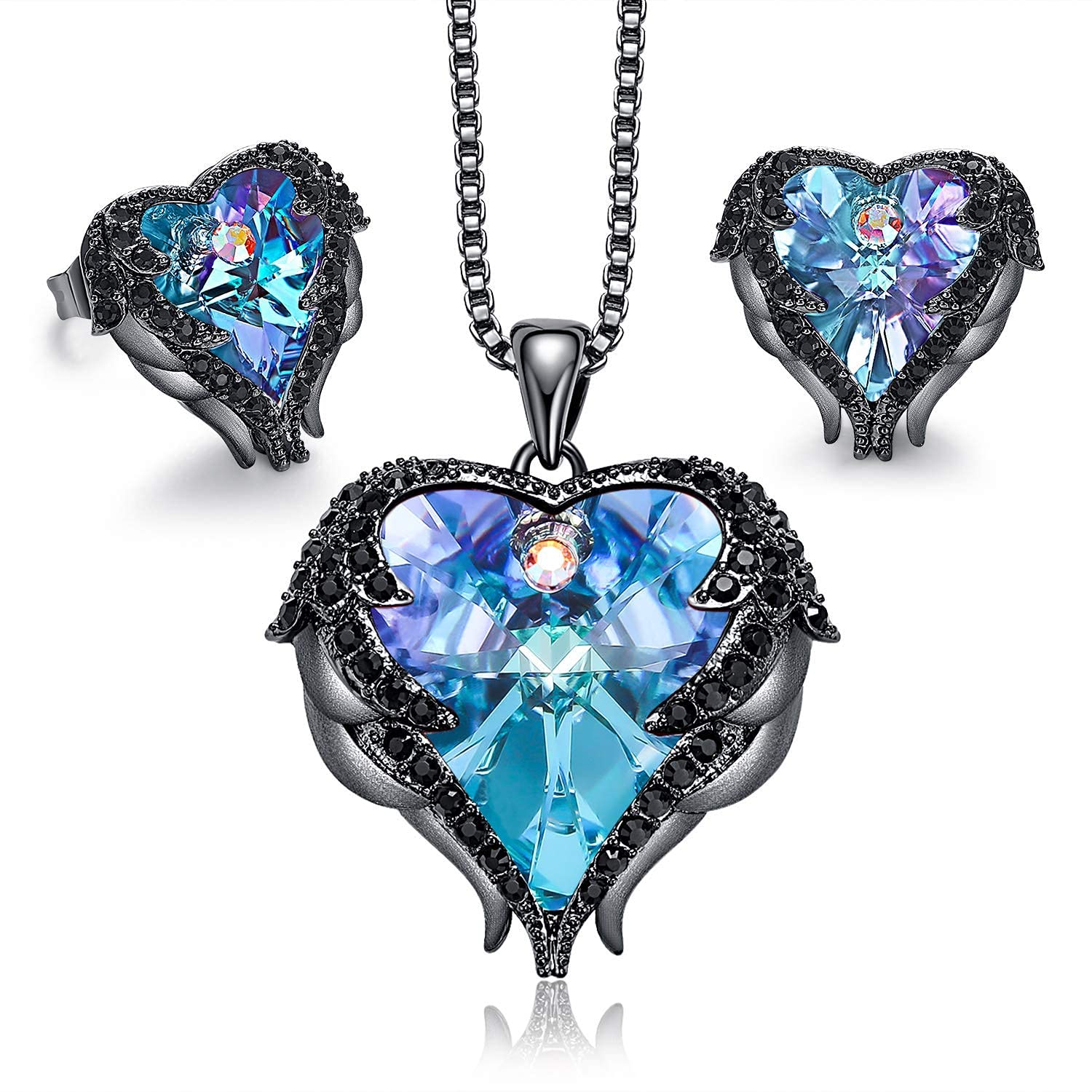 Angel Wing Love Heart Necklace & Earrings Set - Silver & Gold Tone Jewelry for Women | Romantic Gift for Valentine's Day, Anniversary & Special Occasions
