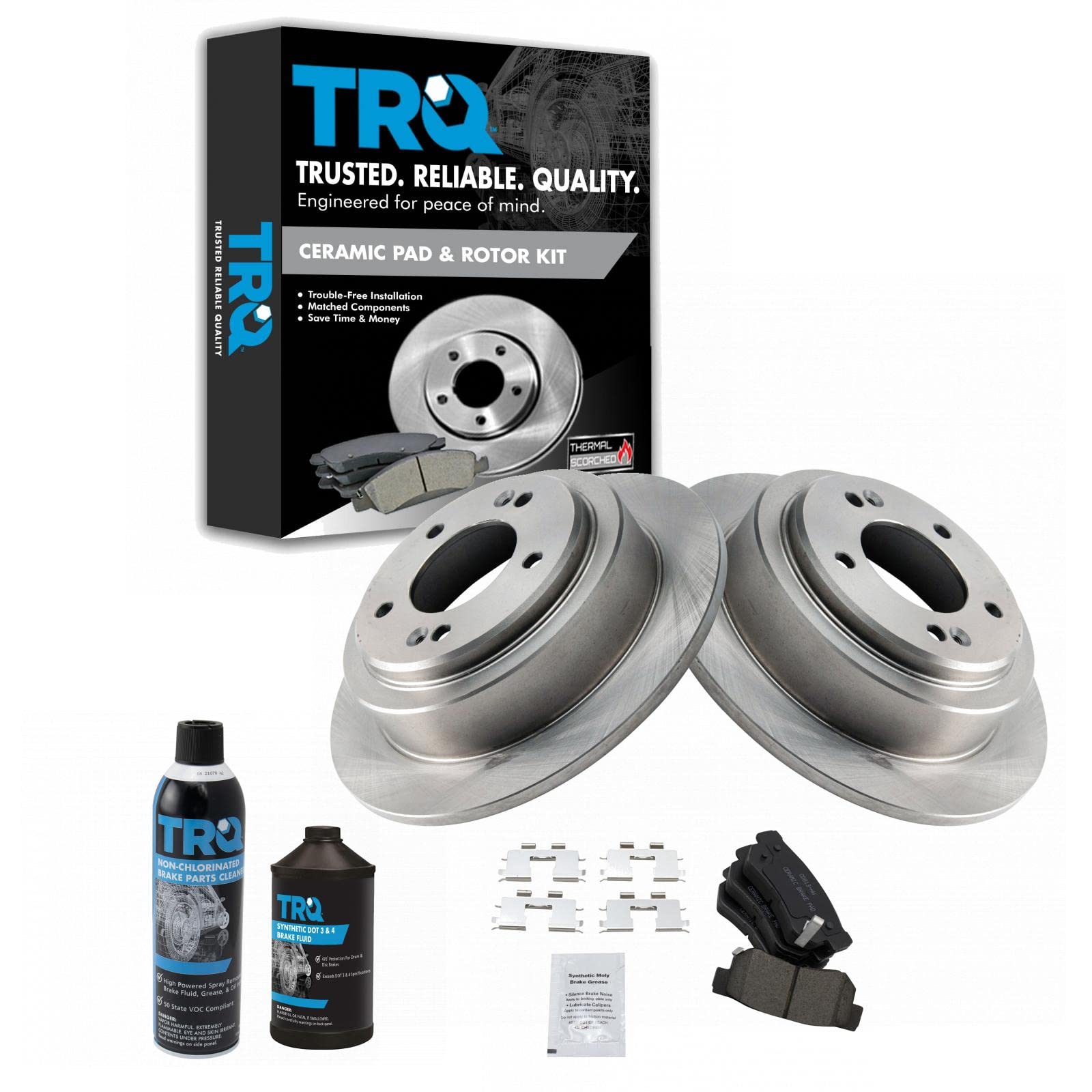 TRQ Rear Brake Pad and Rotor Kit with Ceramic Brake Pads - Compatible with 2004-2006 Kia Amanti - Perfect for Smooth Braking and Vehicle Maintenance