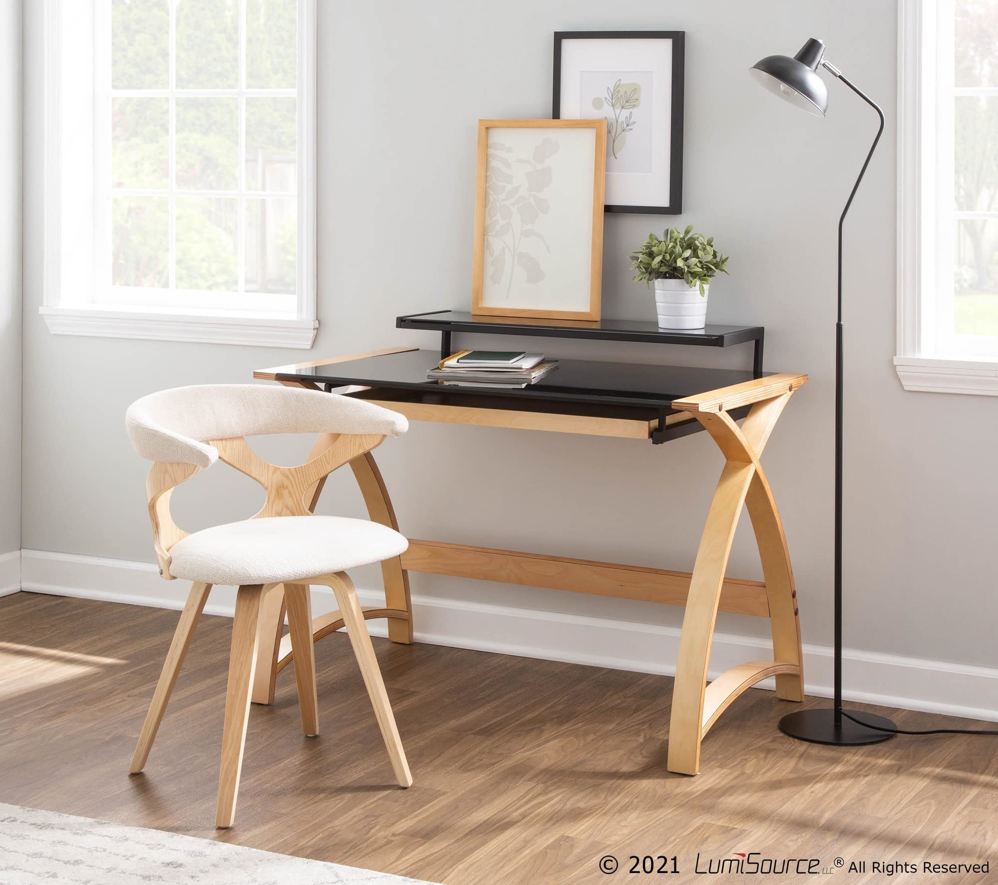 LumiSource Bentley Glass Desk - Modern Home Office & Computer Desk with Drawers, Black Small Desk for Bedroom, Gaming & Workspace - Mid Century Style for Study, Work from Home & Office Setup
