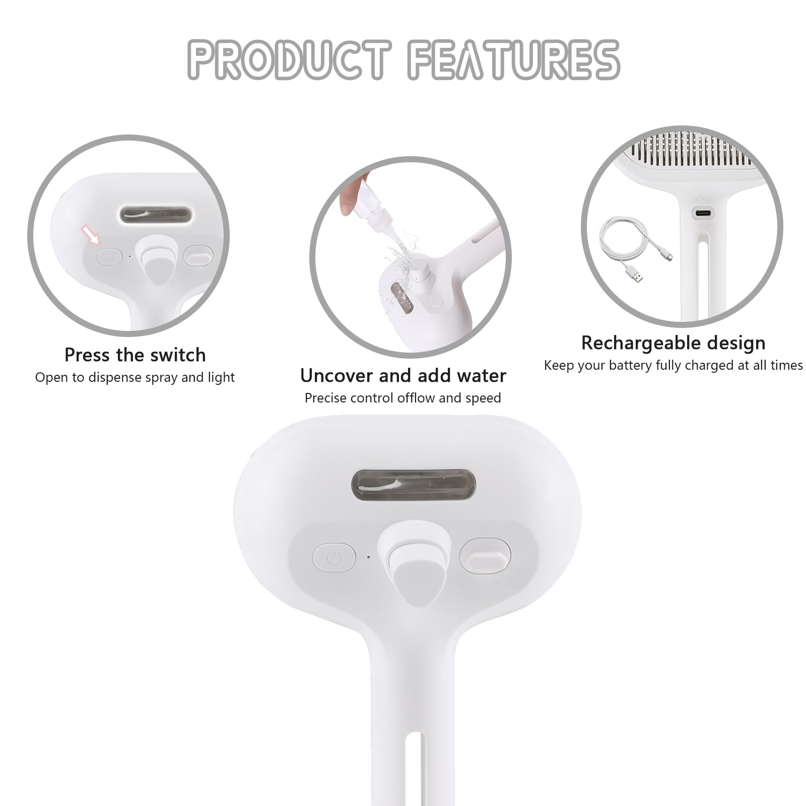 **Self-Cleaning Spray Cat Brush for Shedding - Water Tank Pet Hair Removal Comb with Release Button for Cats & Dogs - Steam Grooming Brush for Bathing & Deshedding - White (Perfect for Home Grooming & Pet Spa Days)**