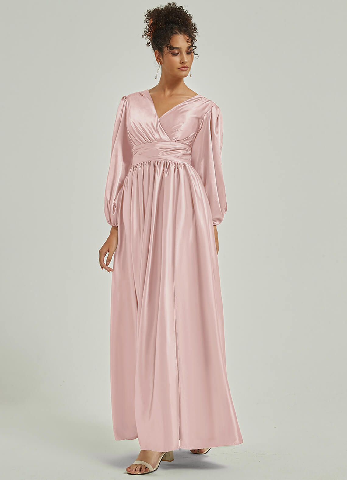 Elegant Blush Satin Bridesmaid Dress with 3/4 Sleeves, V-Neck & Slit Pleated Detail - Perfect for Weddings, Parties & Formal Events
