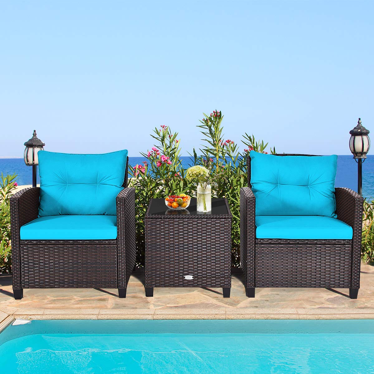 HappyGrill 3-Piece Outdoor Patio Furniture Set - Rattan Wicker Bistro Sofa with Cushions & Coffee Table - Perfect for Garden, Balcony, and Backyard Relaxation