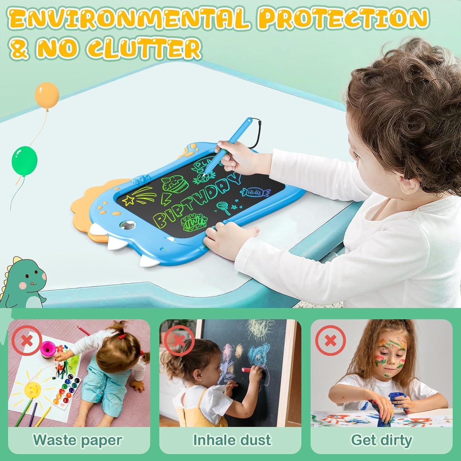 Kizmyee 8.5 Inch LCD Writing Tablet for Kids - Doodle Board & Drawing Pad for Boys Girls Ages 3-6 | Erasable Digital Sketch Board for Toddler Learning, Travel, School & Home Play | Fun Dinosaur Themed Educational Toy
