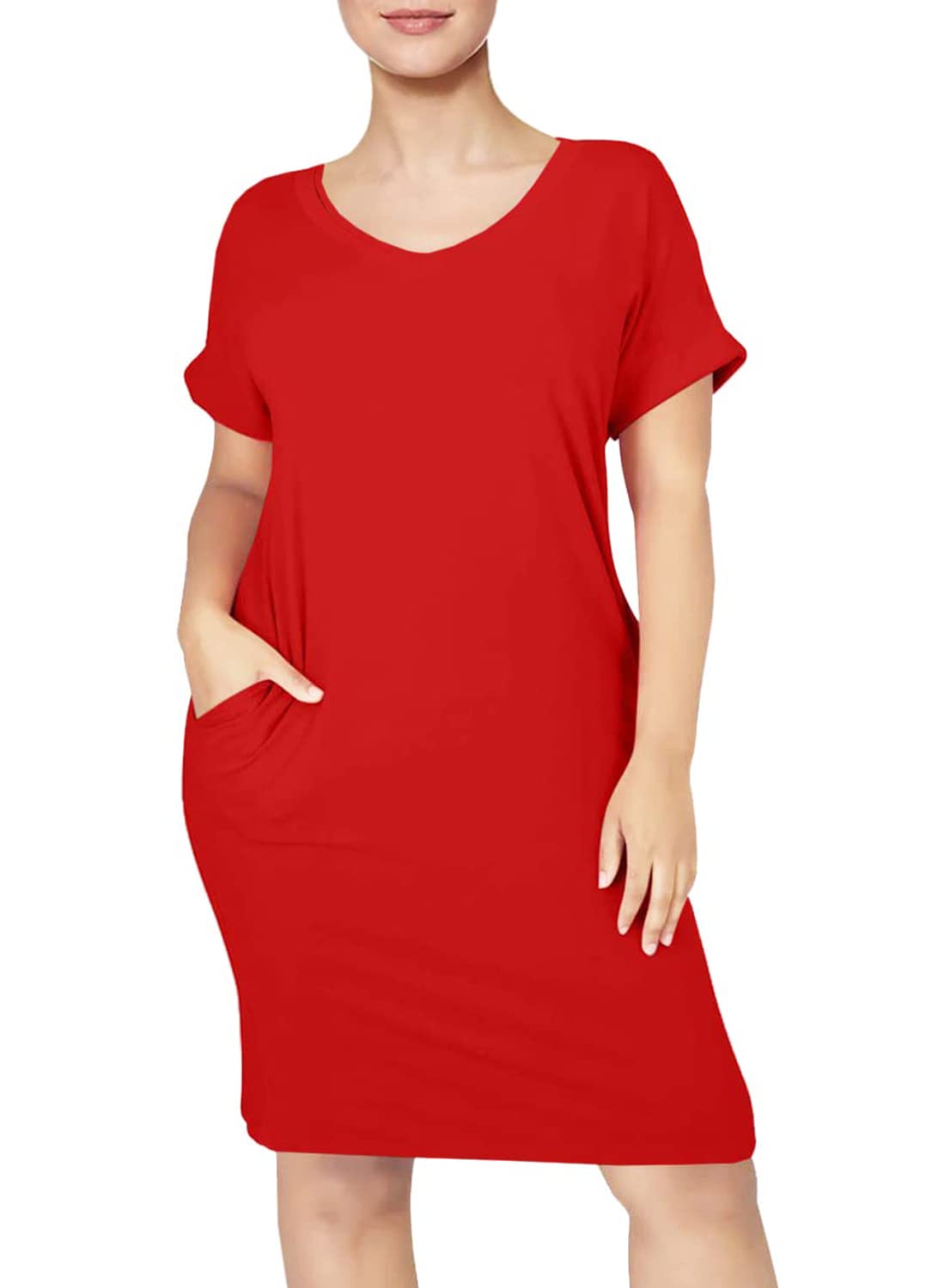 Cailami Women's Summer V-Neck Short Sleeve Midi T-Shirt Dress - Casual Tunic Dress with Pockets | Perfect for Beach, Vacation & Everyday Wear