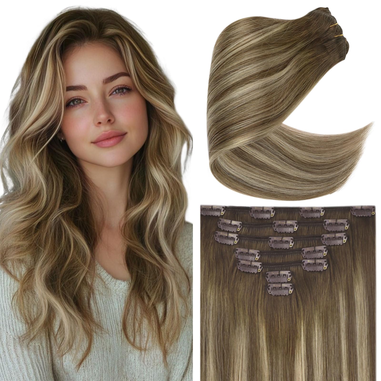 Ve Sunny Balayage Clip-in Human Hair Extensions - Dark Brown to Light Brown Blonde Mix, 20 Inch 7-Piece Set (120g) - Natural Looking Hair Extensions for Women | Perfect for Parties, Weddings & Everyday Styling