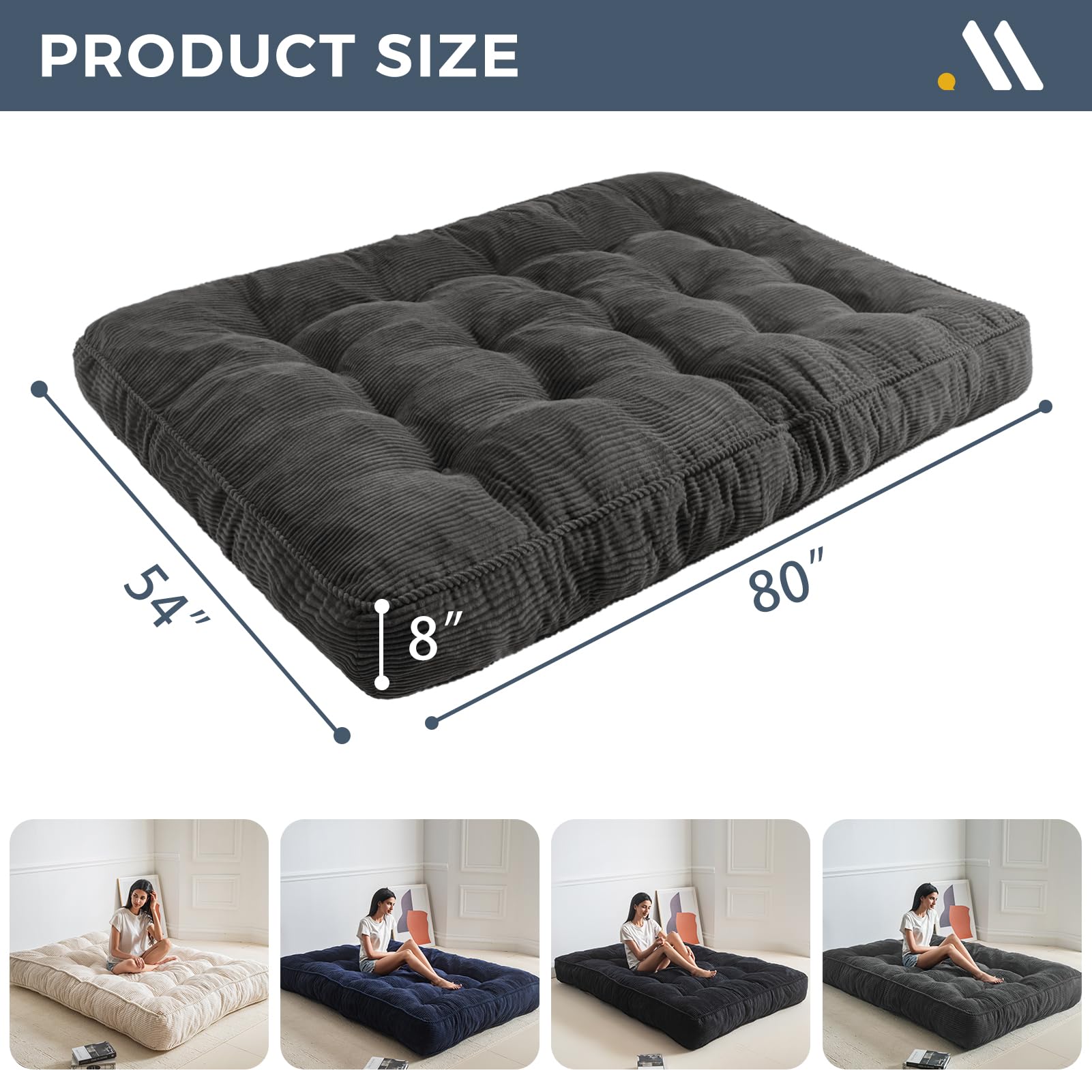 MAXYOYO 8 Inch Tufted Futon Sofa Couch Bed - Thick Corduroy Fabric Floor Mattress for Adults (Mattress Only) in Dark Grey - Perfect for Small Spaces, Guest Rooms & Dorm Rooms