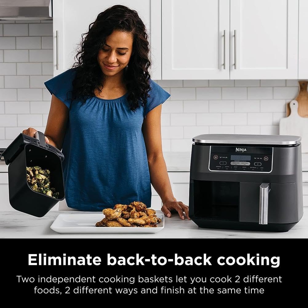 Ninja DZ201 Foodi 8 Quart 6-in-1 DualZone Air Fryer with 2 Independent Baskets - Smart Finish, Match Cook, Roast, Broil & Dehydrate - Perfect for Family Dinners, Meal Prep & Healthy Cooking - Grey