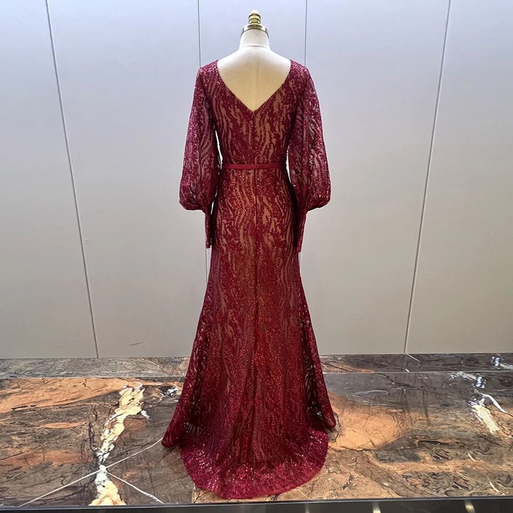 Elegant Muslim Puff Sleeve Green Mermaid Evening Dress with Beaded Details - V-Neck Luxury Gown for Women | Perfect for Parties, Weddings & Special Occasions 2025