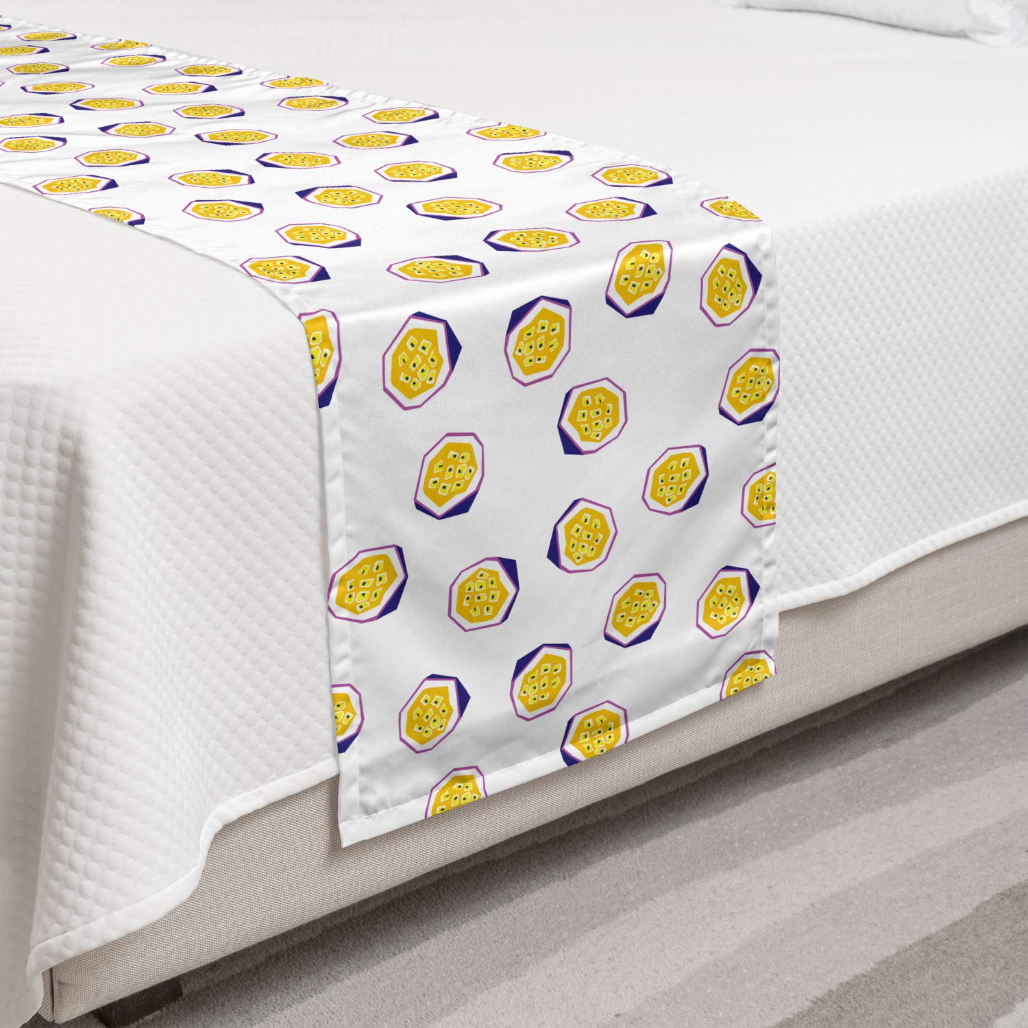 Ambesonne Geometric Fruit Bed Runner - Abstract Passion Fruit Silhouette Design on Plain Background - Decorative Bed Scarf for Hotels, Homes & Guest Rooms in Yellow, White & Indigo - Perfect for Bedroom Decor, Wedding Accents & Airbnb Styling