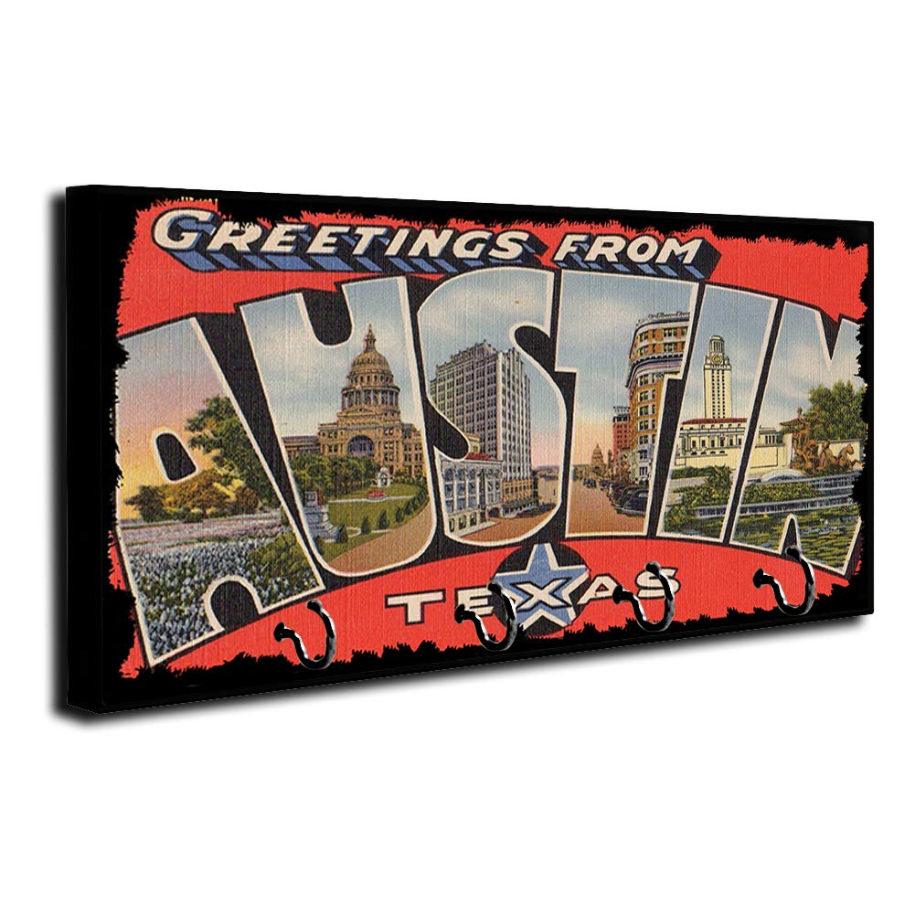 Vintage Austin Texas Postcard Design Key Holder - Wall Mount Key Organizer Rack for Home, Keys & Rings - Decorative Hook Hanger for Entryway, Bedroom & Office Decor