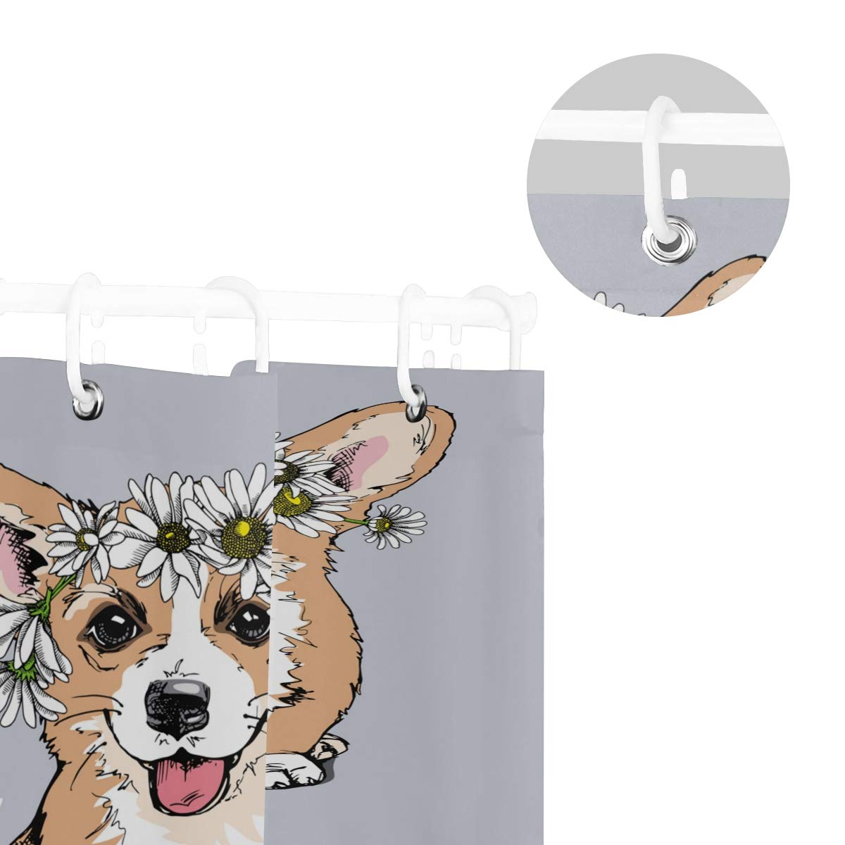 Vikko Welsh Corgi Dog with Chamomile Flowers Waterproof Polyester Shower Curtain - 72x72 Inch Standard Size Bathroom Decor with Hooks Included - Perfect for Pet Lovers' Bathroom, Kids' Room, and Farmhouse Style Decor