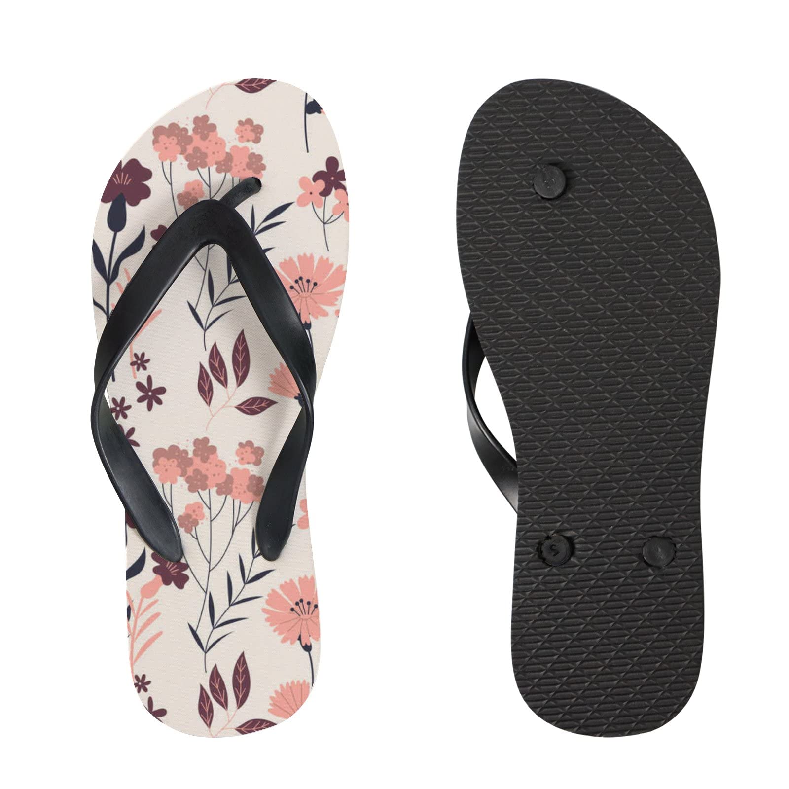 Floral Flip Flops for Women & Men - Pink Leaf Pattern Summer Beach Sandals, Yoga Mat Slides, Casual Thong Slippers | Perfect for Poolside, Vacation, Spa & Outdoor Relaxation
