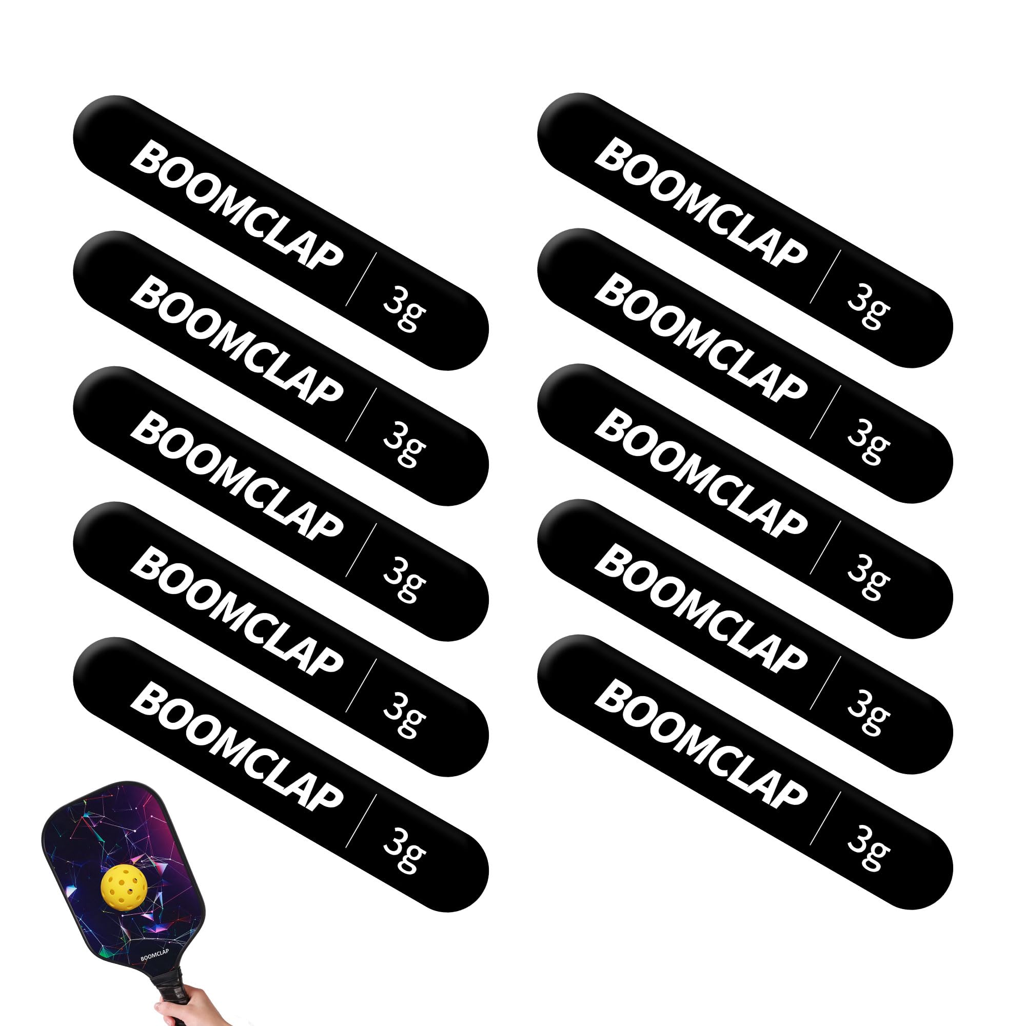 BOOMCLAP 10-Pack 3g Pickleball Lead Tape Strips - Weighted Tungsten Tape for Paddles to Boost Power & Swing Speed - Edge Guard Application - Black - Perfect for Tournament Play & Practice Sessions