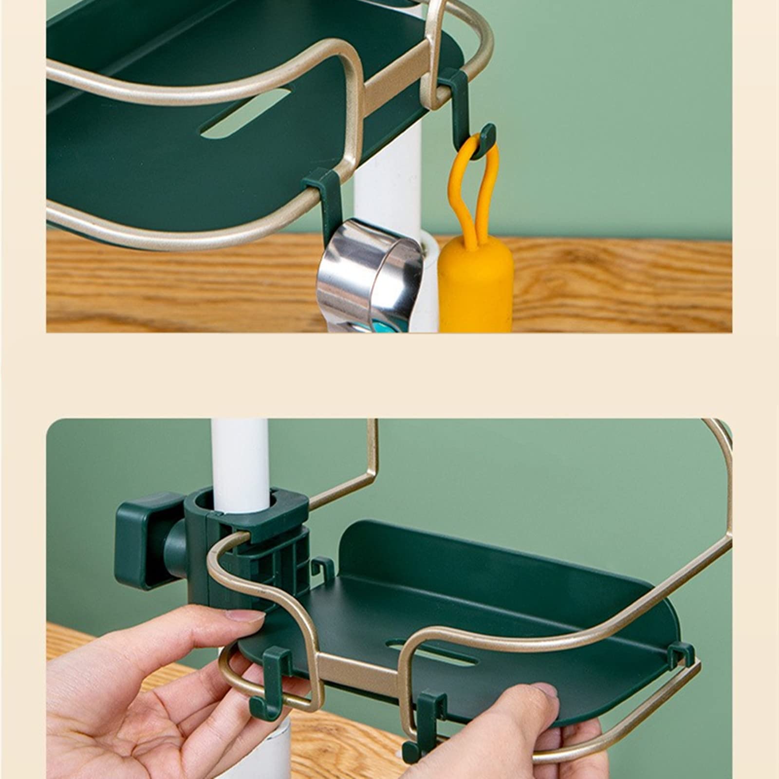 Stainless Steel Sponge Holder with Hook - Bathroom & Kitchen Organizer for Soap, Shampoo, Sponge & Scrubber - Drain Rack & Sink Storage Caddy - Perfect for Small Space Organization (Green) - Ideal for Kitchen Sink, Bathroom Counter & Under Cabinet Storage