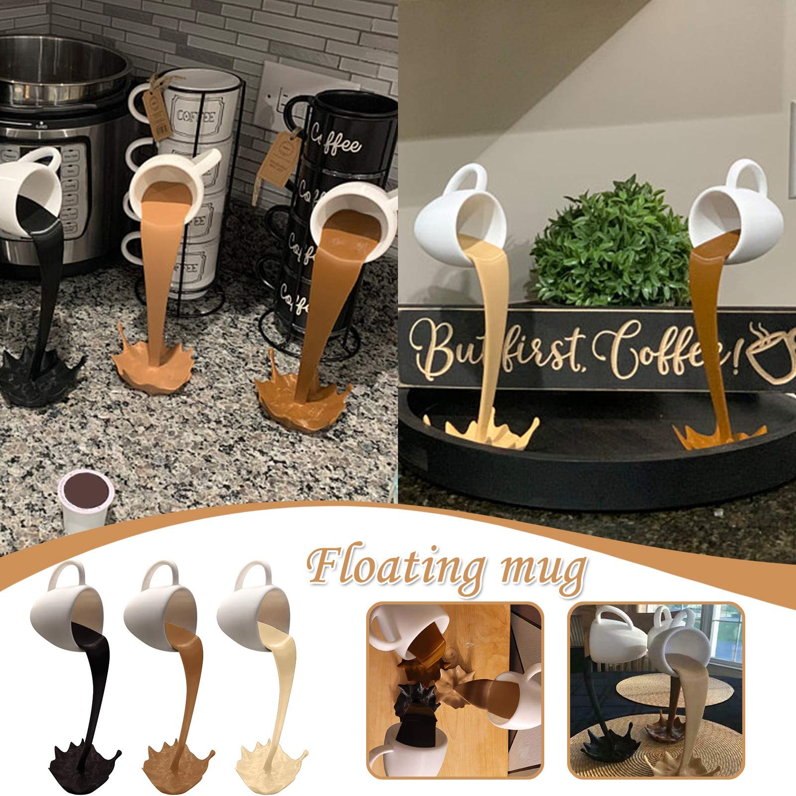 Mini Floating Coffee Cup Mug Sculpture - Funny Magic Pouring Spilling Mug Decor for Bar, Kitchen & Cafe - Novelty Restaurant Art Decorations (Brown) - Perfect for Home, Office & Gift Giving