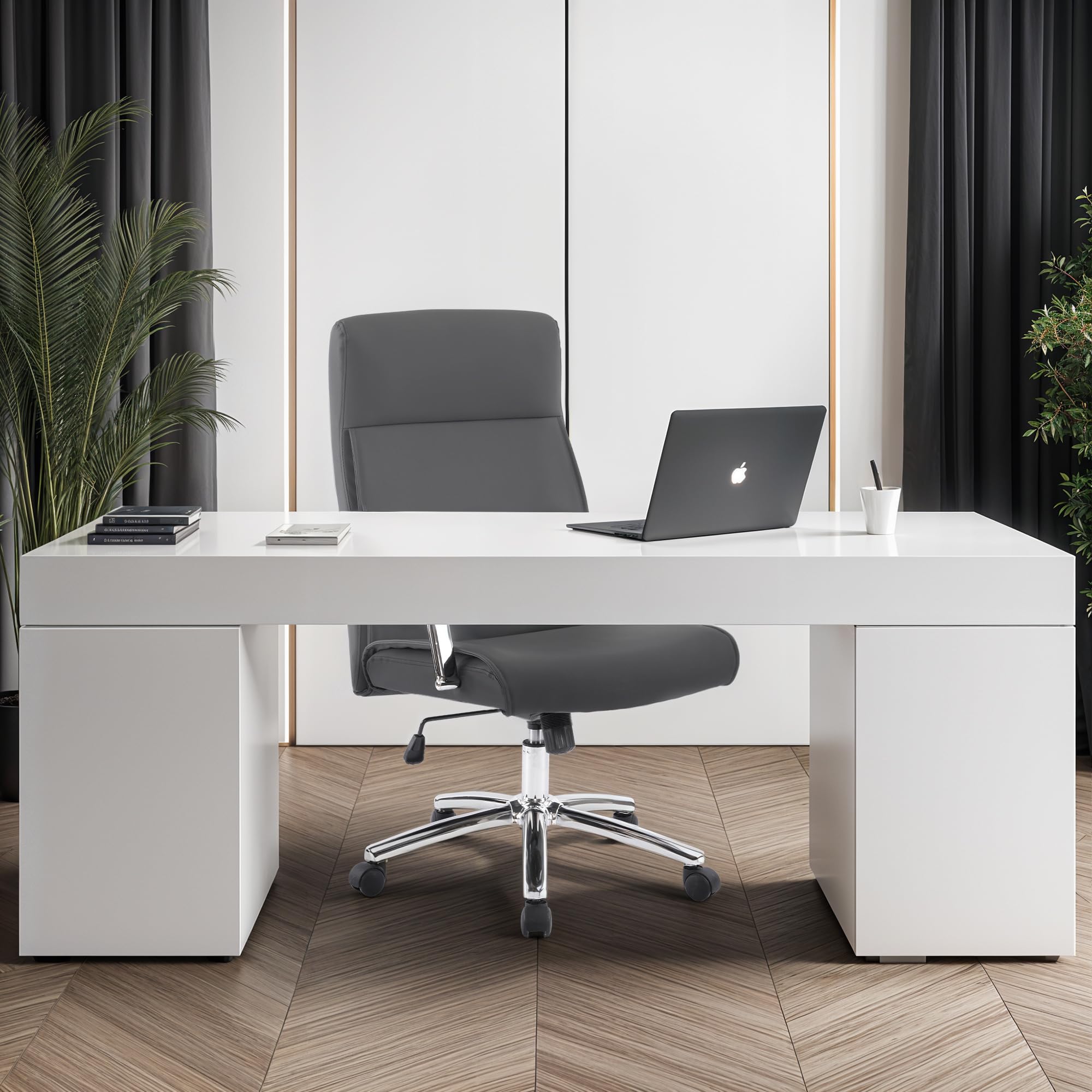 Ergonomic High Back Executive Office Chair with Adjustable Armrests & Lumbar Support - Faux Leather Managerial Desk Chair with Rocking Function (Grey) - Perfect for Home Office, Conference Rooms & Workspaces