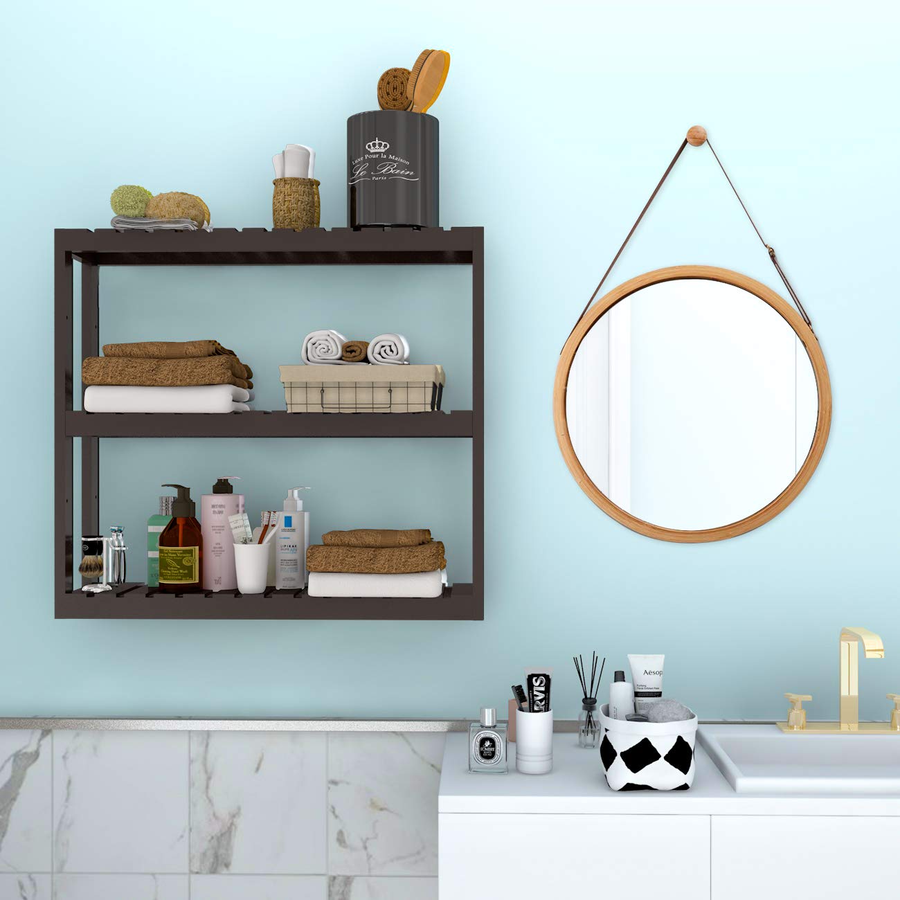 Domax 3-Tier Bamboo Bathroom Shelf - Wall Mounted Storage Rack for Bathroom Organization, Adjustable Over Toilet Shelves for Living Room & Kitchen - Space Saving Home Decor (Brown) | Perfect for Small Bathrooms, Apartments & Dorm Rooms