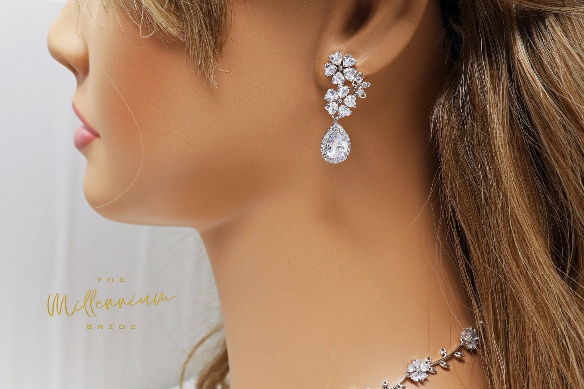 Swarovski Crystal Heart Floral Vine Leaves Necklace - Elegant Long Bridal Jewelry Set with Statement Earrings & CZ Necklace for Wedding, Anniversary, Valentine's Day Gift