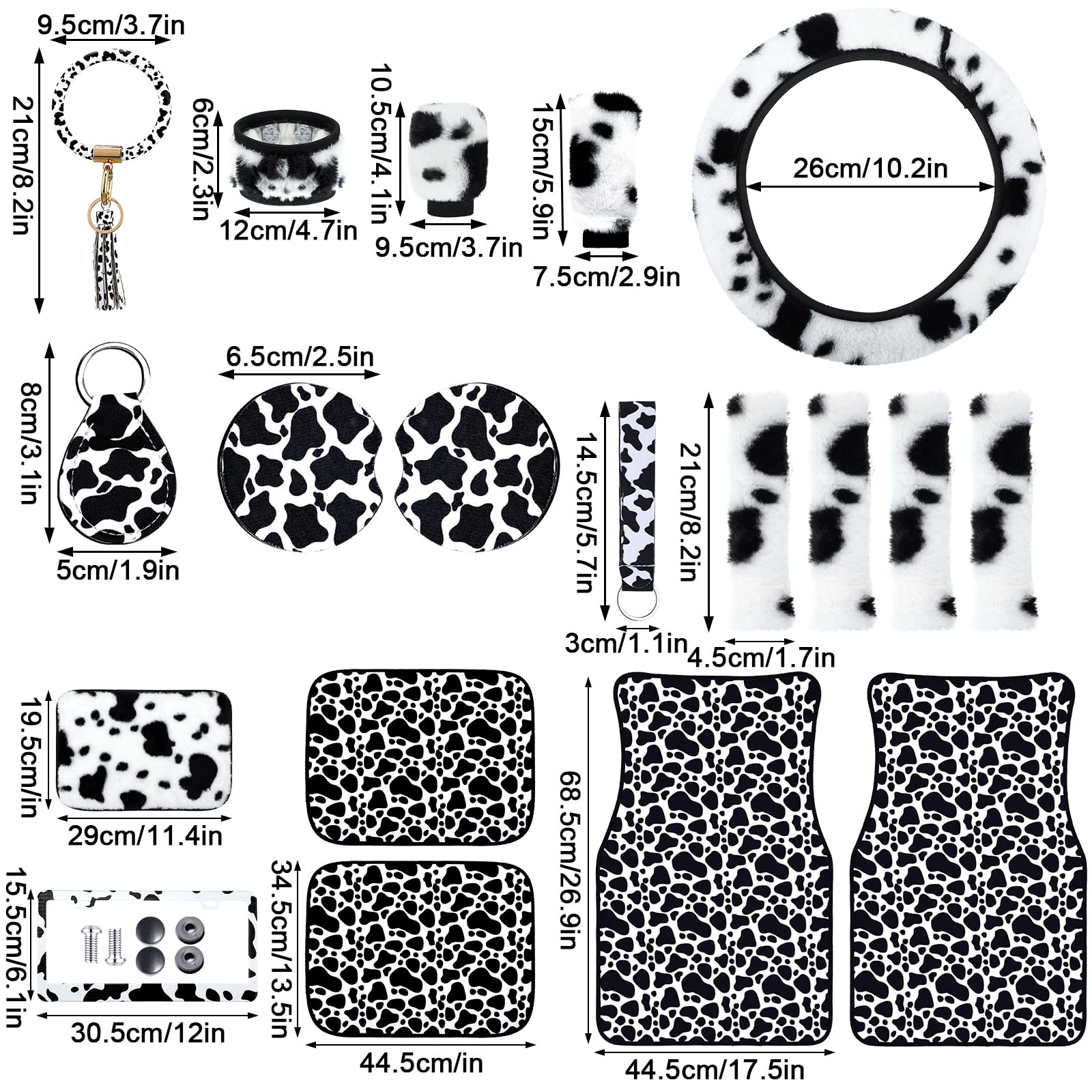 26PCS Cow Print Car Seat Covers Set - Soft Fluffy Steering Wheel Cover & Accessories for Women's Car Interior - Perfect for Winter & Christmas Gifts