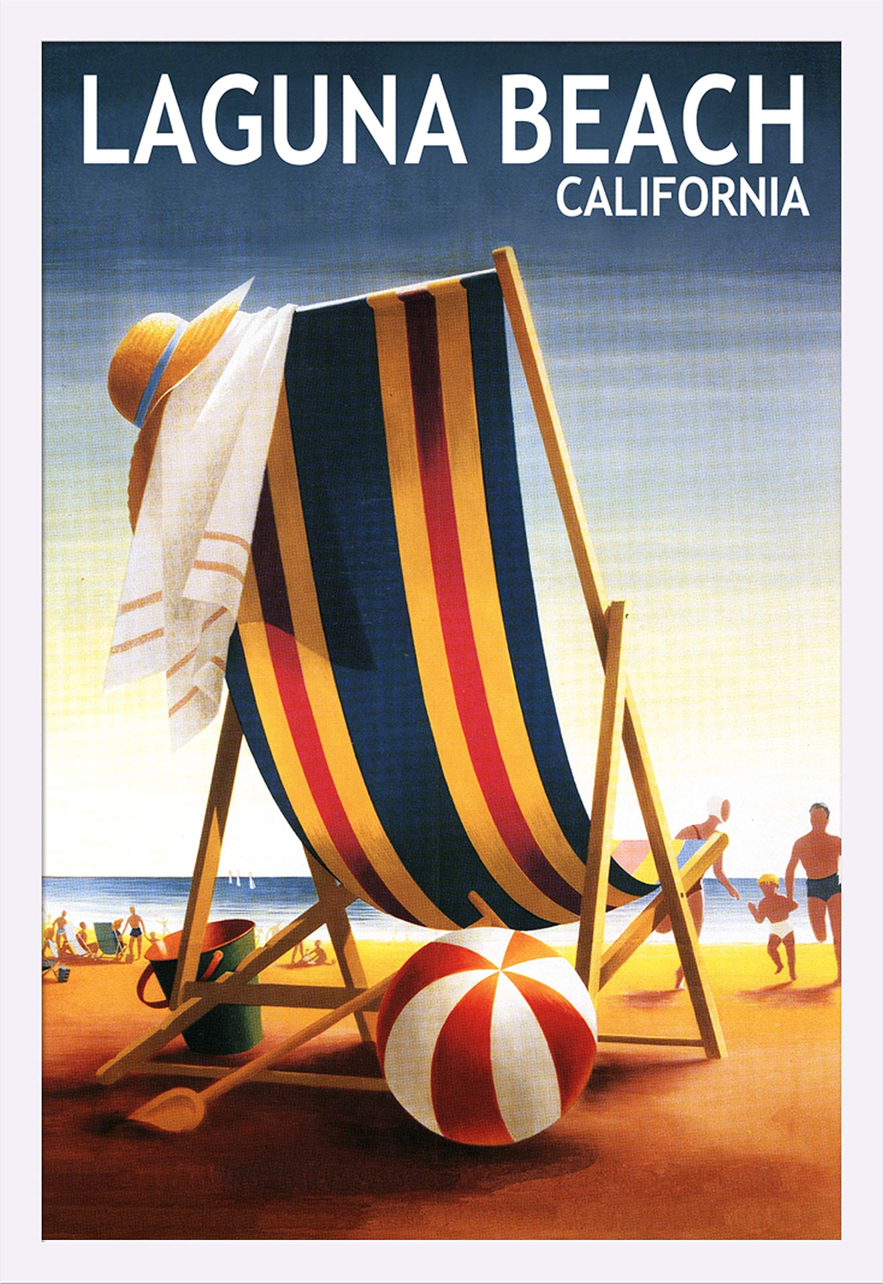 Laguna Beach California Coastal Art Print - 24x36 Giclee Beach Chair & Ball Wall Decor (Gallery Framed White Wood) - Perfect for Beach House, Living Room or Office Decor