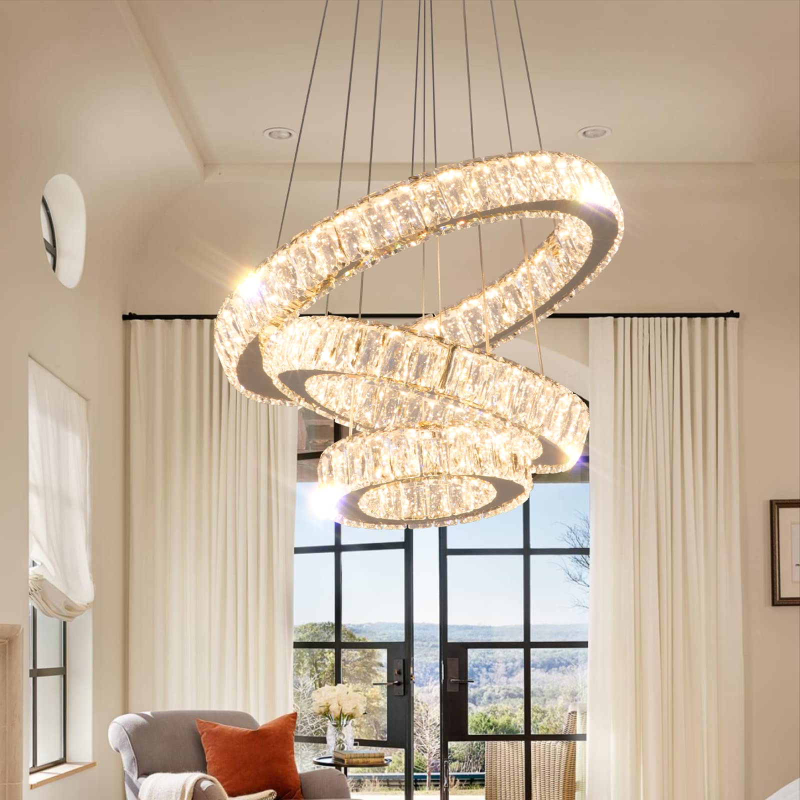 FRIXCHUR 3 Ring LED Chandelier - Modern Crystal Pendant Light Fixture with Gold Finish, 3000K Warm White Lighting for Bedroom, Dining Room, High Ceiling Foyer - Perfect for Romantic Dinners & Luxury Home Decor