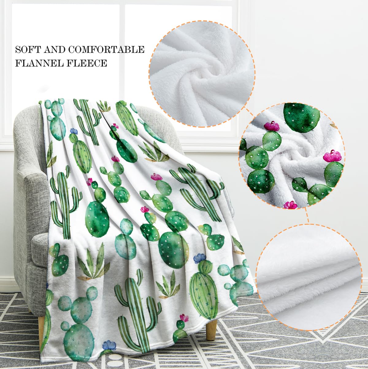 Jekeno Cactus Throw Blanket - Soft Floral Cactus Design Cozy Blanket for Women & Kids, Perfect Gift for Christmas, Birthday, Valentine's Day - Great for Home Decor, Living Room, Bed, Couch, Travel & Camping