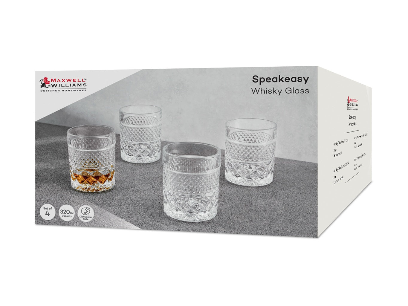 Premium Maxwell & Williams Speakeasy Whisky Glasses Set - 4 Pack 320ml Crystal Clear Whiskey Tumblers with Elegant Gift Box | Perfect for Bourbon, Scotch, Whiskey Tasting & Home Bar Entertaining